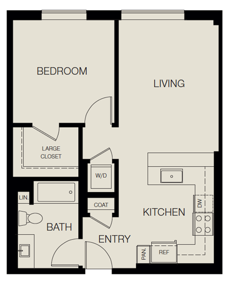 Floor plan for 1 bed, 1 bath, 630 sqft